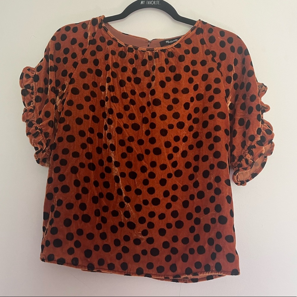 Madewell Womens Velour Ruffle Sleeve Blouse Size XS Orange Black Polka Dots